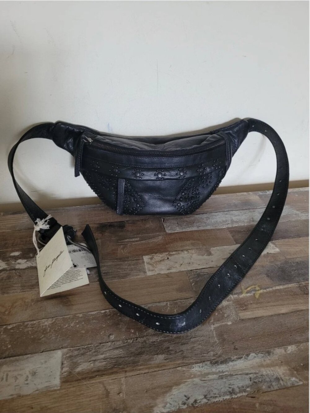 Free People NWT Embellished Leather Black Fanny Slung Belt Bag